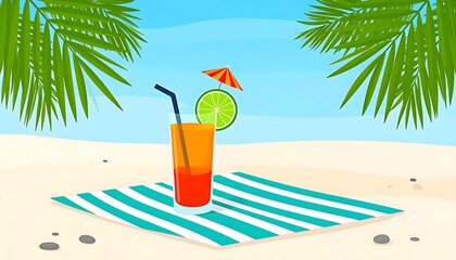 Summer drink on a beach towel.