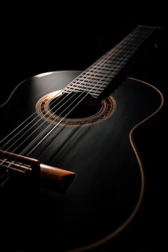 Close up of black acoustic guitar