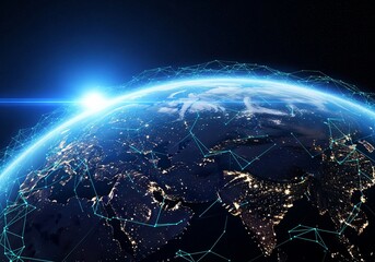 Earth from space with network connections and city lights at night illuminated by sun
