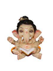 Vibrant close-up photo of Baby Lord Ganesha statue, Hindu elephant deity remover of obstacles....