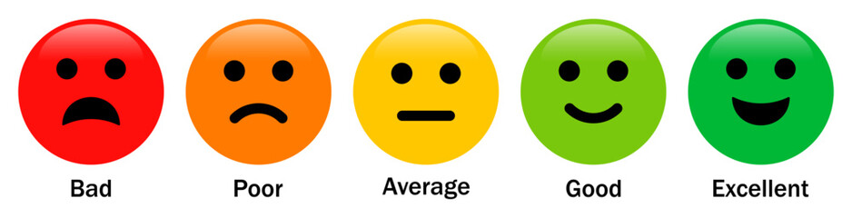 Set of customer feedback emoji rating scale from bad to excellent. Vector illustration. Perfect for surveys, reviews, feedback forms, performance evaluations, and quality assessment visuals.