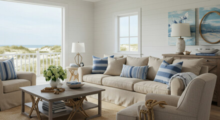 Hamptons-style coastal living room, white shiplap walls, a large comfortable linen sofa in beige, blue and white striped accent pillows, nautical rope details, a view of the ocean and sand dunes from 