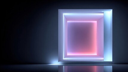A glowing, square, empty showcase, highlighted by vibrant neon lights of pink and blue, sits within a dark, modern setting.