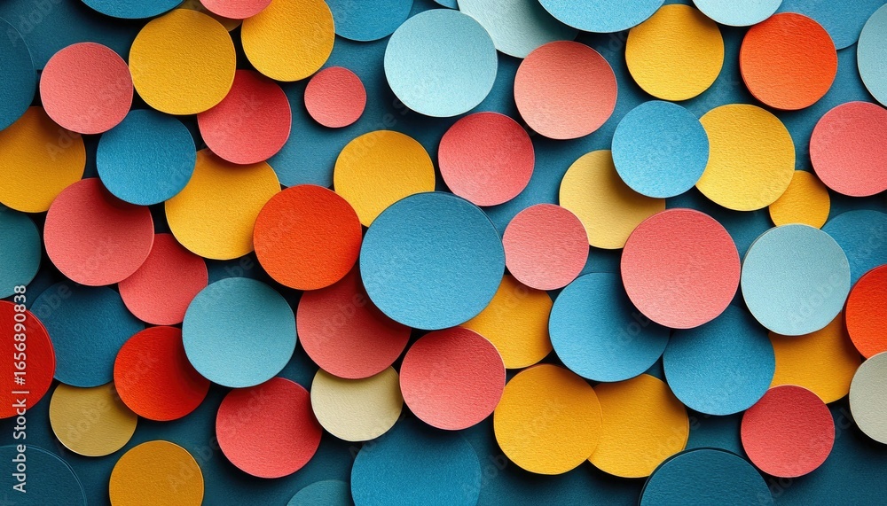 Poster colorful paper circles pattern, on dark teal background with subtle shadows. perfect for backgrounds