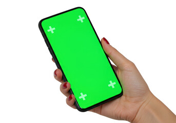 Female hand holding a smartphone with a green screen for chroma keying, isolated on transparent background