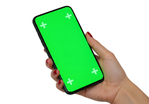 Female hand holding a smartphone with a green screen for chroma keying, isolated on transparent background
