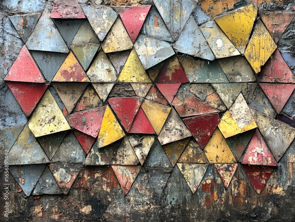 Poster colorful triangles form a textured, abstract geometric pattern on a weathered wall. use as backgroun