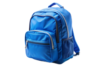 Bright blue backpack with multiple pockets on black background