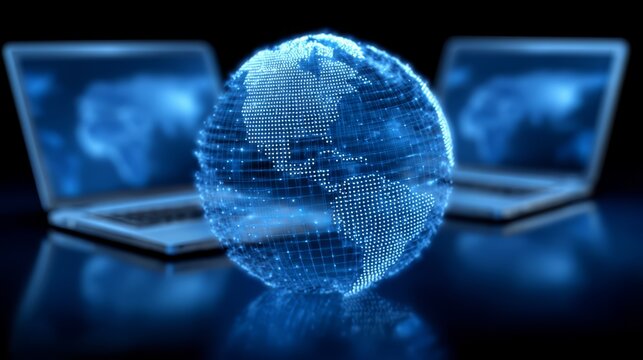 Blue globe is displayed on a table with two laptops. The laptops are open and the globe is in the middle of them