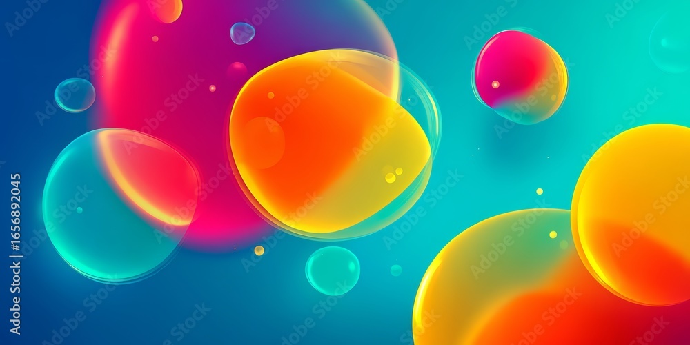 Poster colorful background with many different colored spheres. the spheres are all different sizes and col