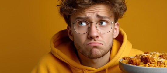 Teen boy with glasses looking disappointed next to a bowl of pasta against a bright yellow background