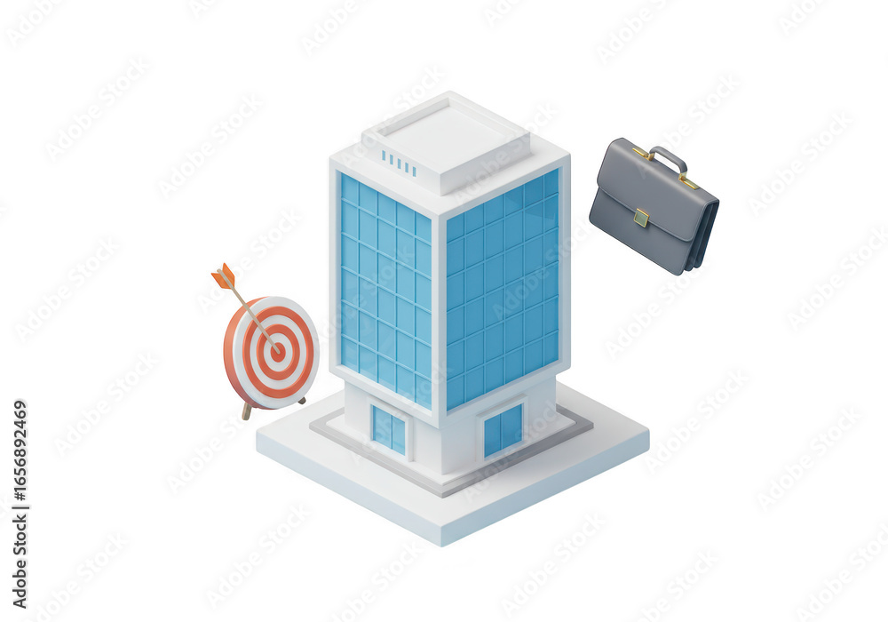 Poster modern glass office building with a briefcase and a target with an arrow, isolated on transparent ba