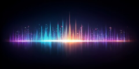 Colorful, multi-colored line with a reflection of a city skyline. The image is abstract