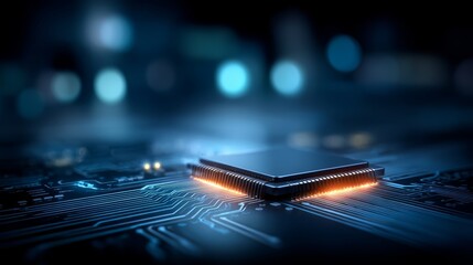 Computer chip is shown on a blue background. The chip is glowing orange. Concept of technology and innovation