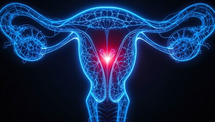 A detailed 3D illustration highlights the female reproductive system, emphasizing a specific area with a highlighted point of interest.