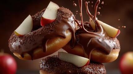 Chocolate-covered donuts with apple slices on top, showcasing a mouthwatering dessert stack ready to delight