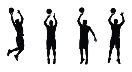 Silhouettes of men playing basketball in different poses and movements