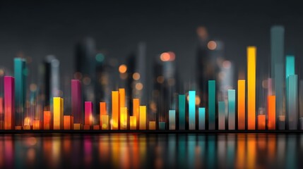 Colorful bar graphs are displayed against a blurred cityscape at night, creating a vibrant and dynamic visual representation of data.