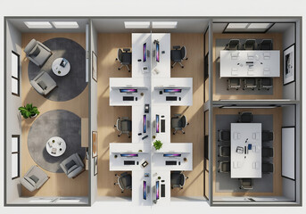 Office furniture in the interior 3D rendering top view