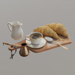 Elegant breakfast with coffee and croissants.