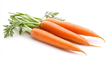 Freshly harvested carrots showcasing vibrant orange color and leafy tops arranged on a white background