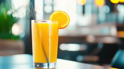 Refreshing orange juice served in a clear glass with a slice of orange in a contemporary cafe setting during daylight