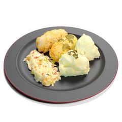 Delicious homemade dumplings on a dark plate.