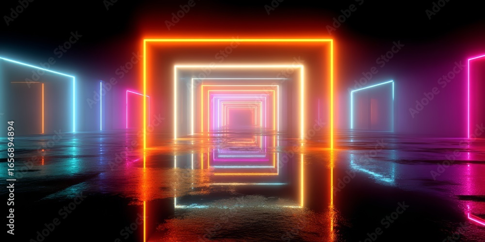 Aufkleber series of neon colored squares are lit up in a dark room. the squares are arranged in a row and are 