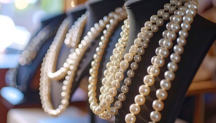 Pearl necklaces displayed on mannequins.
