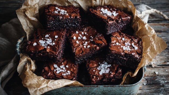 Delicious chocolate brownies with sea salt on rustic wooden table, perfect for dessert lovers and baked goods enthusiasts