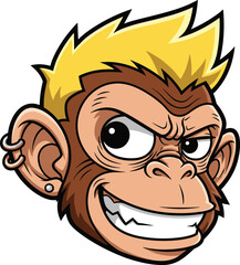 Cartoon monkey head, flat vector illustration, yellow spiky hair, mischievous grin, pierced ears, wide eyes, expressive face, playful animal character