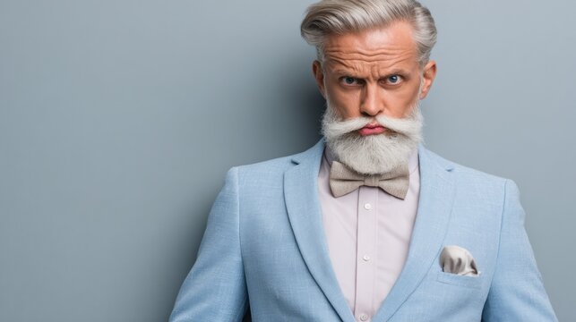Business consultant with stylish beard poses confidently against a blue background in a formal attire showcasing professionalism