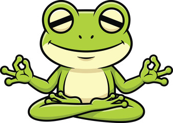 Obraz premium Cartoon meditating frog, flat vector illustration, green body, crossed legs, serene expression, yoga pose, playful animal, mindfulness theme, peaceful character