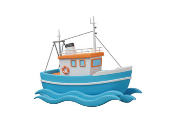 Naklejka premium A blue and white fishing boat with an orange cabin on wavy water, isolated on transparent background