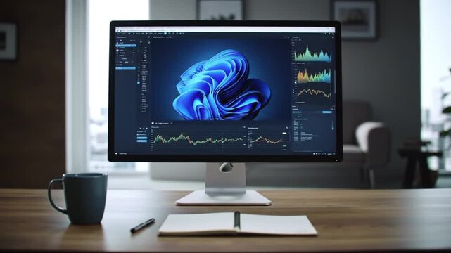 Wide office desk view with glowing monitor,