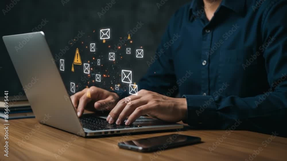 Poster man typing on laptop with email and warning icons floating around the screen on a wooden desk