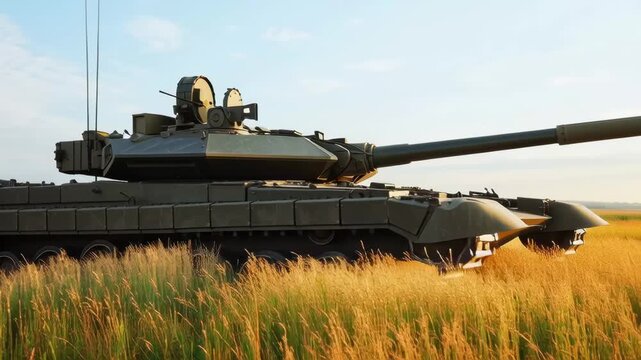 Modern battle tank in golden field under clear sky, symbolizing defense, military technology, and power in peaceful countryside landscape.