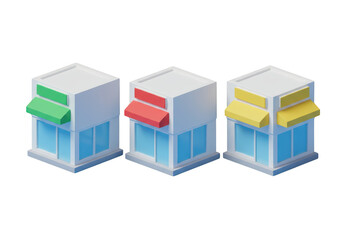 Fototapeta premium Three isometric cartoon shops with colorful awnings, isolated on transparent background