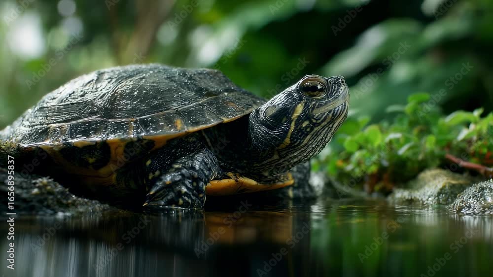 Poster medium shot of a turtle crawling slowly over rocks detailed shell and head in focus with softfocused