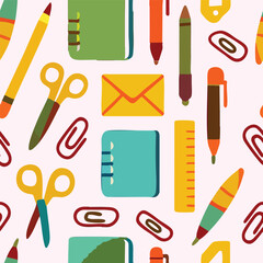 Back to School Supplies Pattern Book Pen Pencil Paper Clip Office Supplies Design Learn Teach Kid Print in Vector