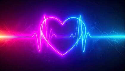 A vibrant neon heart shape outlines a rhythmic heartbeat line against a dark backdrop.