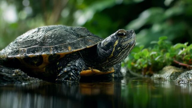 Medium shot of a turtle crawling slowly over rocks detailed shell and head in focus with softfocused water and plants portraying calm amphibious movement in nature.