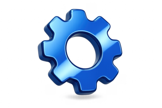 Blue gear rotating on transparent background, industrial concept