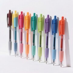 A vibrant collection of colorful gel pens arranged in a neat row on a white background