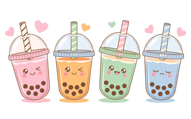 Cute kawaii style illustration of four characters for banner
