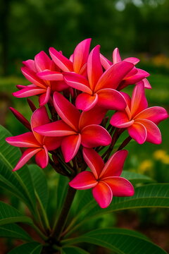 Red tropical flower close up, Plumeria - frangipani