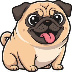 Cute cartoon pug dog, sitting vector illustration, expressive pet character, tan fur, floppy ears, curled tail, tongue out pose