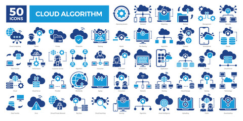 Cloud algorithm icons collection set covering computing, networking, data transfer, storage, and security. Ideal for tech presentations, cloud services, and IT infrastructure visuals.