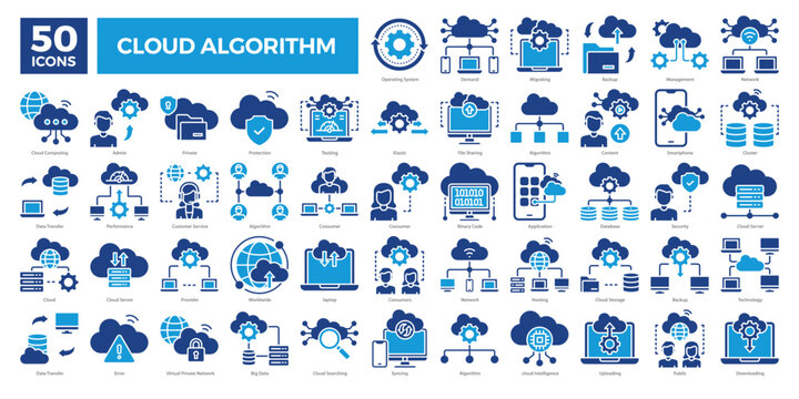 Cloud algorithm icons collection set covering computing, networking, data transfer, storage, and security. Ideal for tech presentations, cloud services, and IT infrastructure visuals.