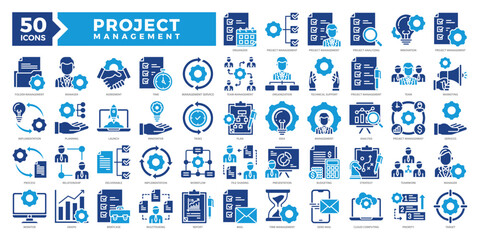 Project Management icons collection set including planning, analysis, teamwork, budgeting, and workflow tools. Ideal for business dashboards, apps, and productivity visuals.